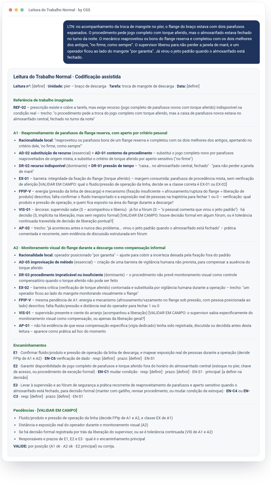 Leitura codificada gerada pelo produto a partir do relato